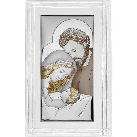 Święta Rodzina Obrazek srebrny kolorowy w białej ramce 12 cm* 19 cm