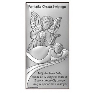 Obrazek srebrny Aniołek z latarenką Pamiątka Chrztu z modlitwą 9*18 cm