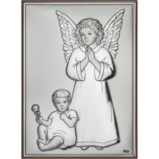 Obrazek srebrny Aniołek z dzickiem Pamiątka Chrztu , Roczek 10*14 cm
