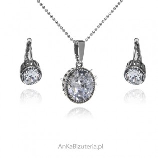 Komplet biżuteria srebrna z białą cyrkonią